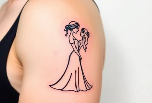 A black and white silhouette of a bride and groom in a romantic embrace, with soft golden highlights for warmth and elegance tattoo idea