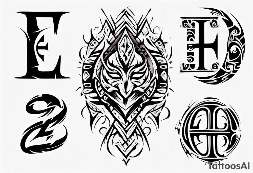 combine the letters E and H with tribal pattern tattoo idea