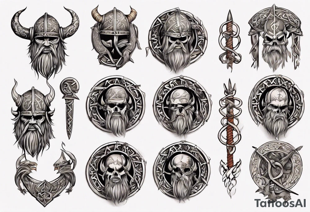 Viking sleeve with heathen writing tattoo idea