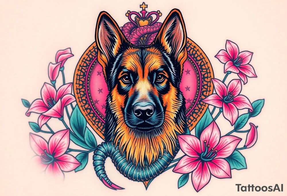 realistic german shepherd with alert ears looking protective surrounded by pink lilies with leaves in front of a serpent sacred heart tattoo idea