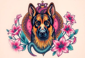 realistic german shepherd with alert ears looking protective surrounded by pink lilies with leaves in front of a serpent sacred heart tattoo idea