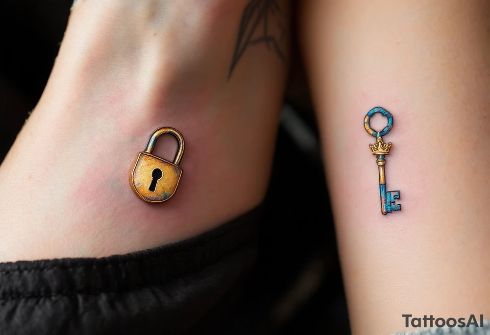 Matching tattoos of gold lock and key, one with a tiny crown, the other with a crown-shaped hole. tattoo idea