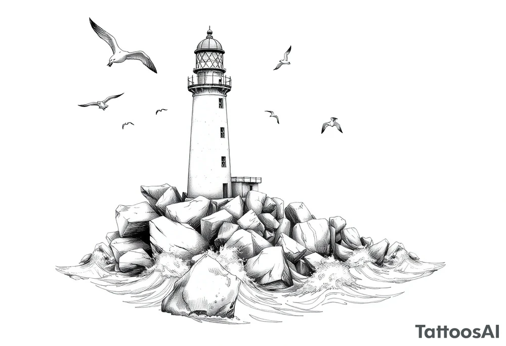 Lighthouse surrounded by boulders in the sea with high waves and seagulls flying around tattoo idea