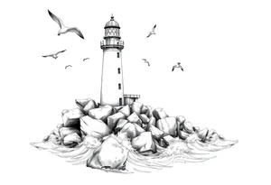 Lighthouse surrounded by boulders in the sea with high waves and seagulls flying around tattoo idea