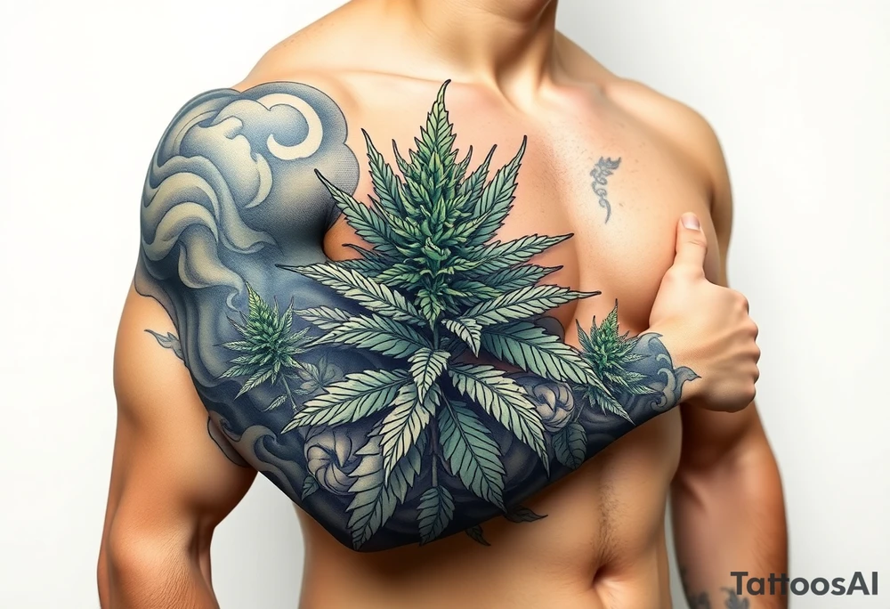Massive weed plant surrounded by smoke tattoo idea