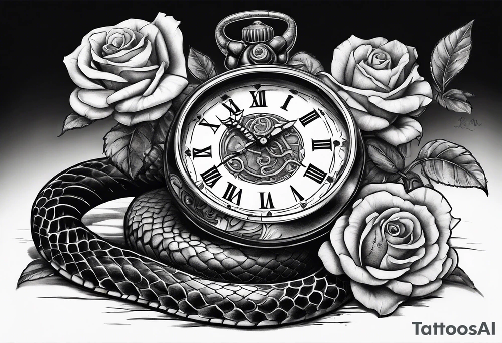 King cobra wrapped around an old broken watch clock with dead roses all around in the background tattoo idea