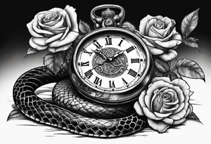 King cobra wrapped around an old broken watch clock with dead roses all around in the background tattoo idea