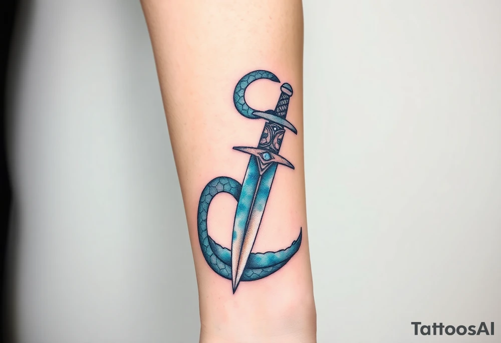 mystical snake coiled around an ancient dagger with jeweled hilt tattoo idea