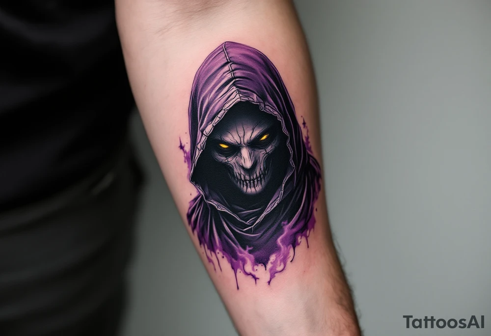 A cloaked figure in black-and-purple tones with hollow yellow eyes and a smoky background. tattoo idea