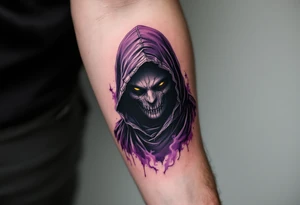 A cloaked figure in black-and-purple tones with hollow yellow eyes and a smoky background. tattoo idea