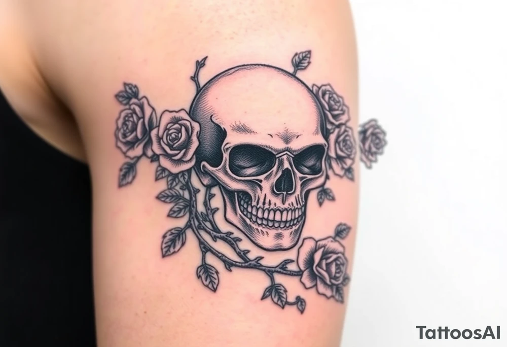 gothic skull intertwined with climbing roses and thorny vines tattoo idea