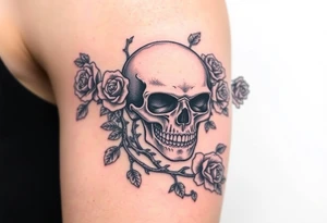 gothic skull intertwined with climbing roses and thorny vines tattoo idea