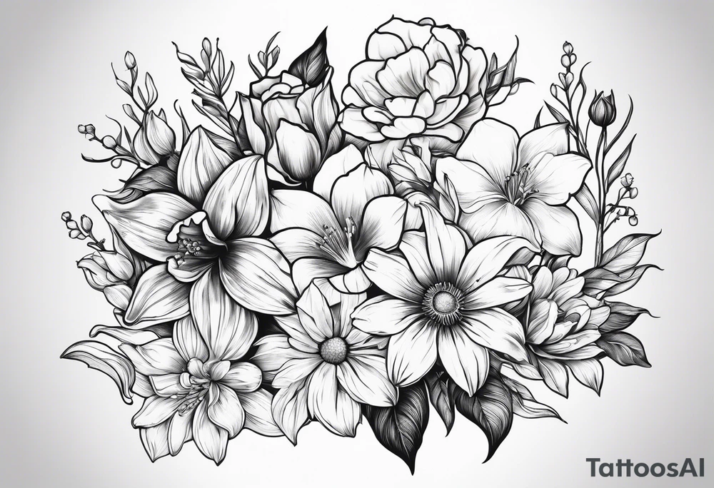 One rose, one daisy, one daffodil, one chrysanthemum, one gladiolus, one lily of the valley tattoo idea