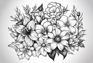 One rose, one daisy, one daffodil, one chrysanthemum, one gladiolus, one lily of the valley tattoo idea