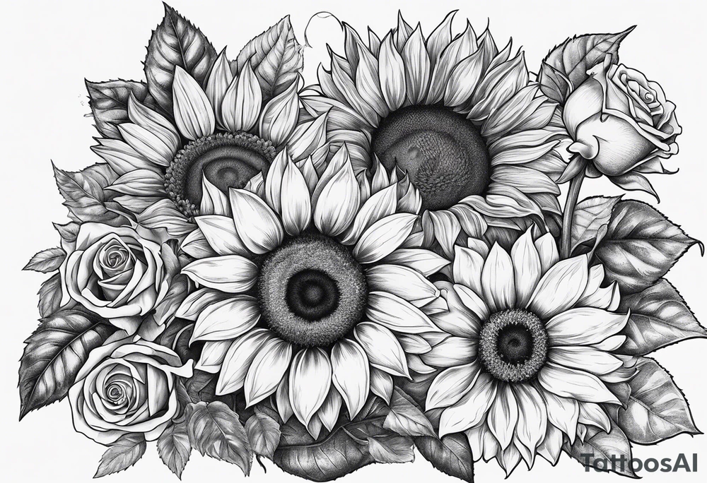 Sunflower and roses with the name Arianna in red scrip letters and “you are my sunshine” tattoo idea