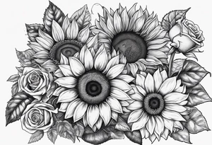 Sunflower and roses with the name Arianna in red scrip letters and “you are my sunshine” tattoo idea