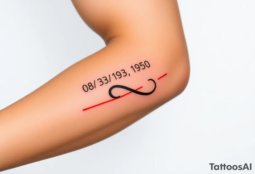 “Quero uma tatuagem no antebraço, simples e pequena. Deve ter a data de nascimento do meu avô 08/03/1950 escrita em vermelho, seguida de um traço reto e, à frente, o símbolo de infinito em preto com detalhes em branco. O design deve ser minimalista, com letras elegantes e proporcionais, mantendo um aspeto discreto.” tattoo idea