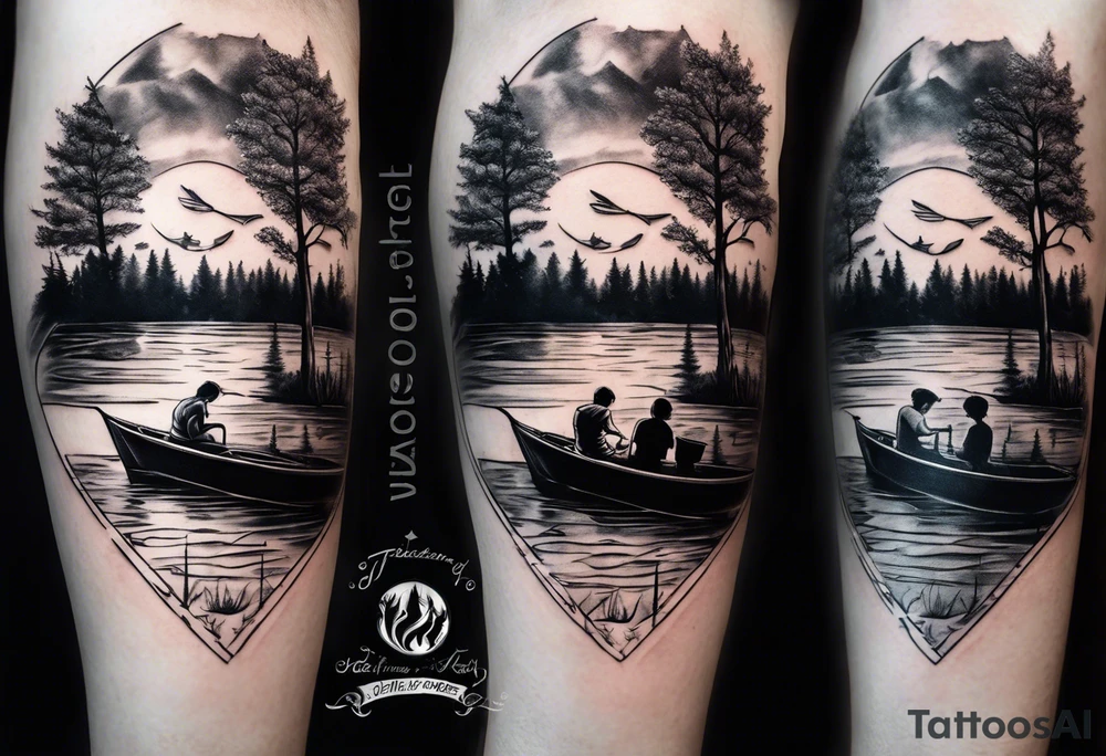 forearm tattoo set on a lake. At the bottom of the tattoo there is a boat dock with a little boy fishing and a little girl reading. There are trees surrounding the lake. tattoo idea