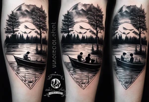 forearm tattoo set on a lake. At the bottom of the tattoo there is a boat dock with a little boy fishing and a little girl reading. There are trees surrounding the lake. tattoo idea