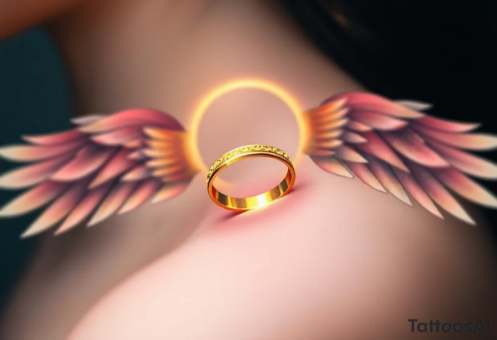 A golden wedding band floating within an angelic halo, glowing softly. tattoo idea