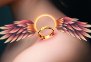 A golden wedding band floating within an angelic halo, glowing softly. tattoo idea