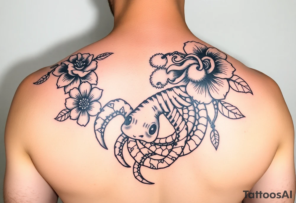 Tiki, Blumen, Wellen, Equid, Schildkröte, #299 (Klein), schwarz, old school, Oberarm tattoo idea