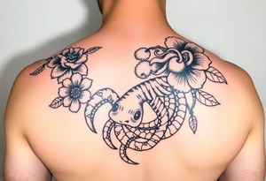 Tiki, Blumen, Wellen, Equid, Schildkröte, #299 (Klein), schwarz, old school, Oberarm tattoo idea