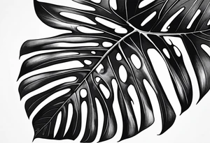 Abstract but realistic monstera leaf tattoo to go on the right leg on the outside of the leg next to the shin with a stem going down behind the ankle. Make it not so dark with lighter shading tattoo idea