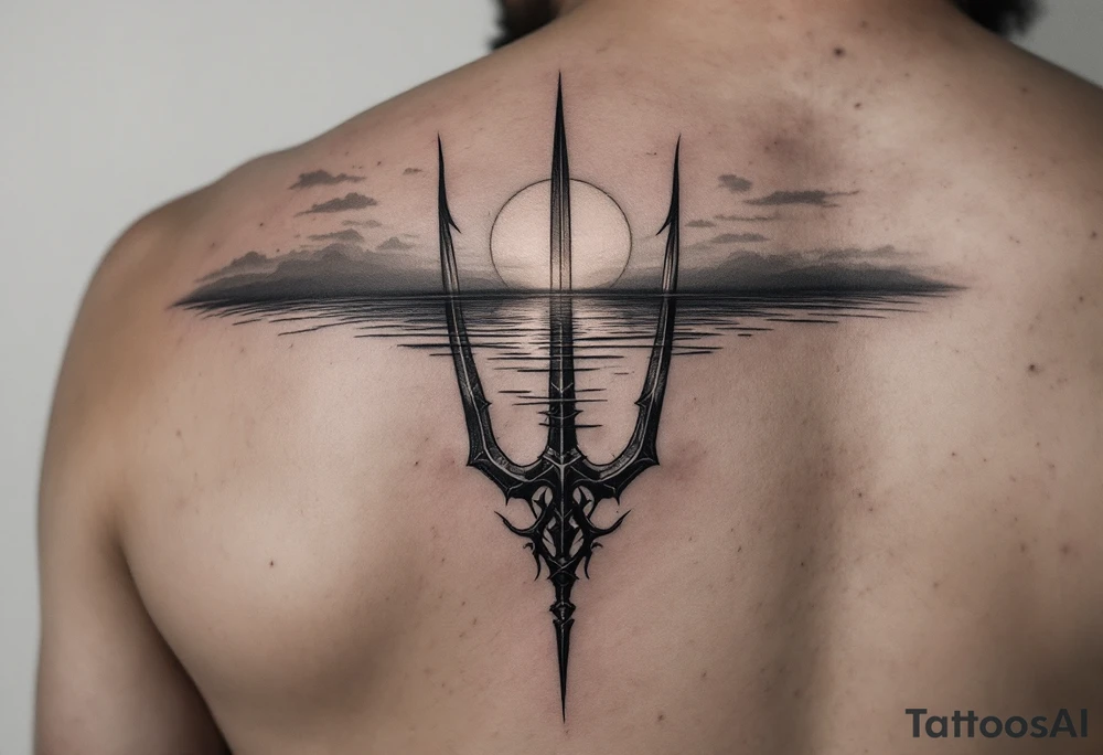 trident half way under calm water with sunset tattoo idea