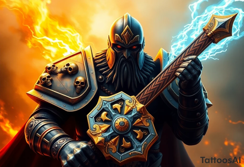 Warhammer, the Old World. A warrior priest of Sigmar holding The Warhammer of Sigmar. The Warhammer of Sigmar is radiating thunderous energy. The Warhammer is held by the warrior priest with both hands at the handle with a firm grip inorder to contain its unlimited energy, upon his chest level. The Warrior priest is wearing dark alloyed heavy armour (reference armor from warhammer vermintide 2 Victor Saltzpyres, the warrior priest of Sigmar class) with skull sigils on his shoulder pads. The warrior priest is wearing a helmet, while the helmets front visor has an humanoid face covering. The helmet and armour are gladened with hints of gold and crimson red. The Warhammer is silverish and golden with a long handle tattoo idea