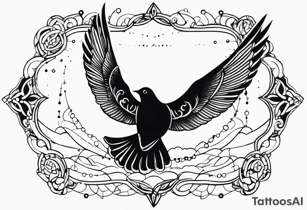 A dove in flight carrying rosary beads tattoo idea
