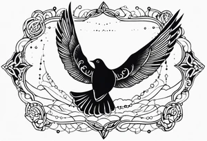A dove in flight carrying rosary beads tattoo idea