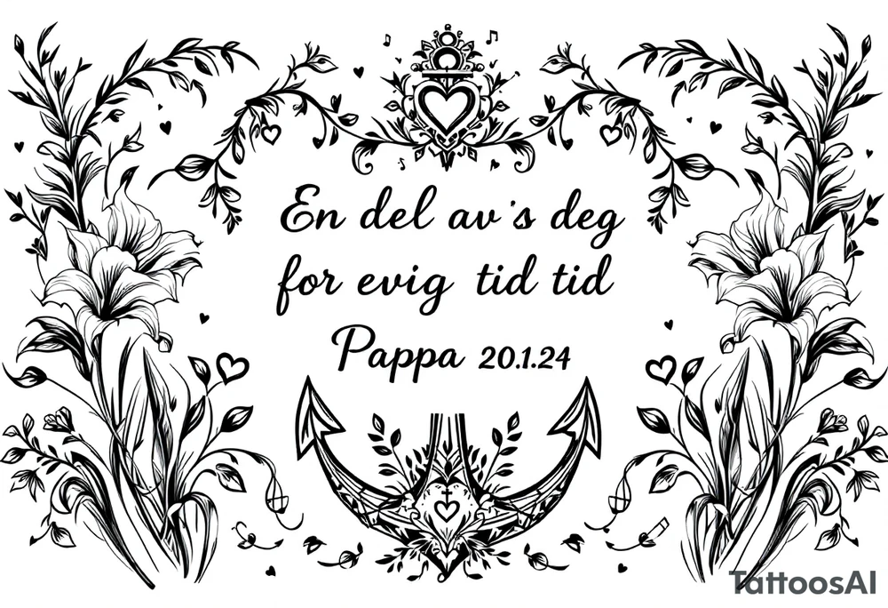«En del av deg for evig tid
Pappa 20.12.24» Surrounded by long gladiolus, hearts, notes and an anchor tattoo idea