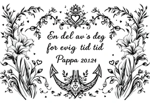 «En del av deg for evig tid
Pappa 20.12.24» Surrounded by long gladiolus, hearts, notes and an anchor tattoo idea