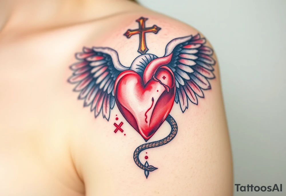 catholic sacred heart with wings and serpent cross tattoo idea