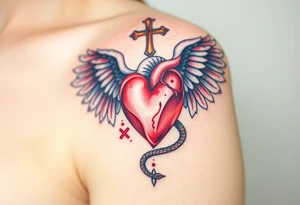 catholic sacred heart with wings and serpent cross tattoo idea