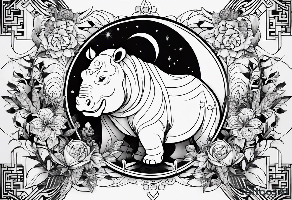 Very asymmetrical, +geometric pattern, with realistic full moon, with hippo, +zen feel, + Buddhism touch, +tribal, +geometric, +inkart 
with wintersweet flower bud, +portrait orientation, +inkart touch, tattoo idea