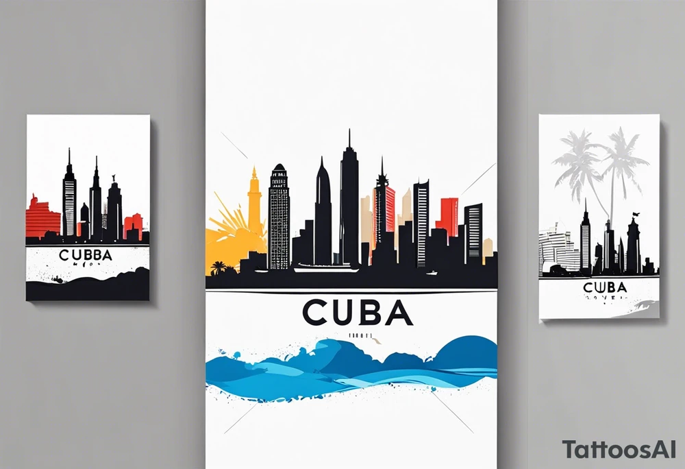 NYC skyline on the left and the right with the island of cuba in  the middle tattoo idea