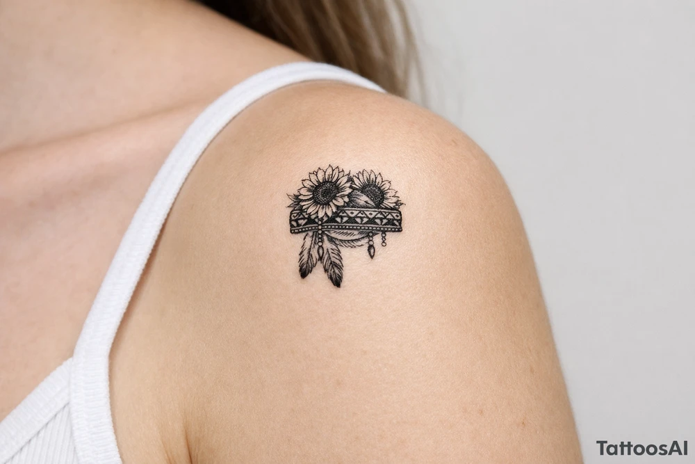 sunflowers with feathers and female Indian headband ribbon tattoo idea