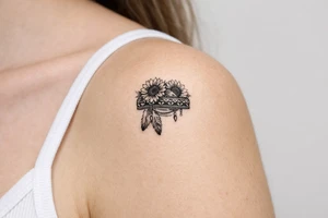 sunflowers with feathers and female Indian headband ribbon tattoo idea