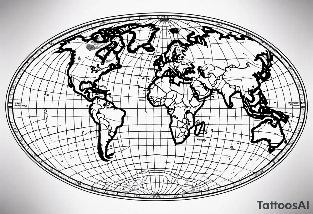 the earth on a flat map with no shading placed on a grid with only the lines with accurate depictions of the borders in countries while having it in an oval/circular position on a grid without any borders on the sides while having the countries not have such bold borders tattoo idea
