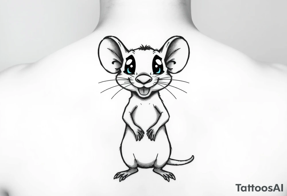 Original tattoo-style illustration:

A rat standing upright

Very large, bulging eyes popping out

A cheeky / mischievous smile

Cartoon style, not baby-like

One black-and-white version + one color version

4 images in total (so you can choose the best one) tattoo idea