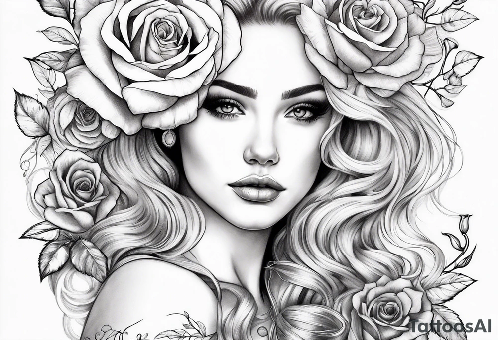 Long blonde curls with roses intertwined tattoo idea