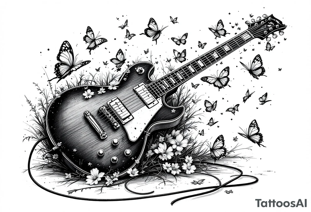 An electric guitar plugged into an amp with butterflies flying around it in memory of tattoo tattoo idea