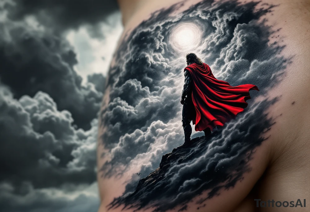 A stormy sky with Thor’s silhouette emerging from the clouds, holding Mjölnir high, his red cape flowing, in dramatic black, grey, and deep red tones. tattoo idea