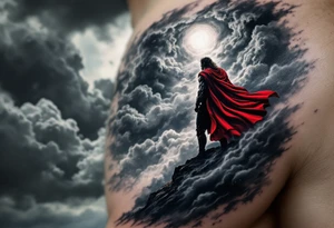 A stormy sky with Thor’s silhouette emerging from the clouds, holding Mjölnir high, his red cape flowing, in dramatic black, grey, and deep red tones. tattoo idea