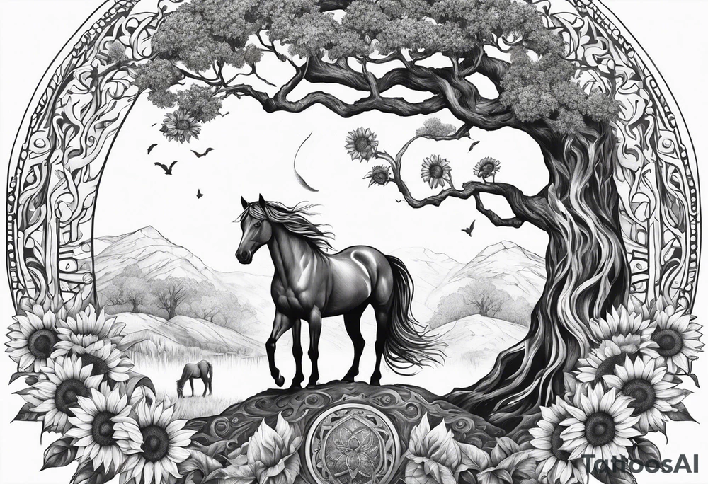 Yggdrasil tree, horse, sunflower tattoo idea