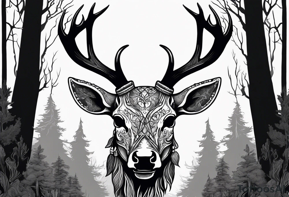 A scary terrifying horrifying dead deer skull side profile surrounded by a forest fire in background tattoo idea