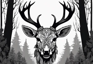 A scary terrifying horrifying dead deer skull side profile surrounded by a forest fire in background tattoo idea