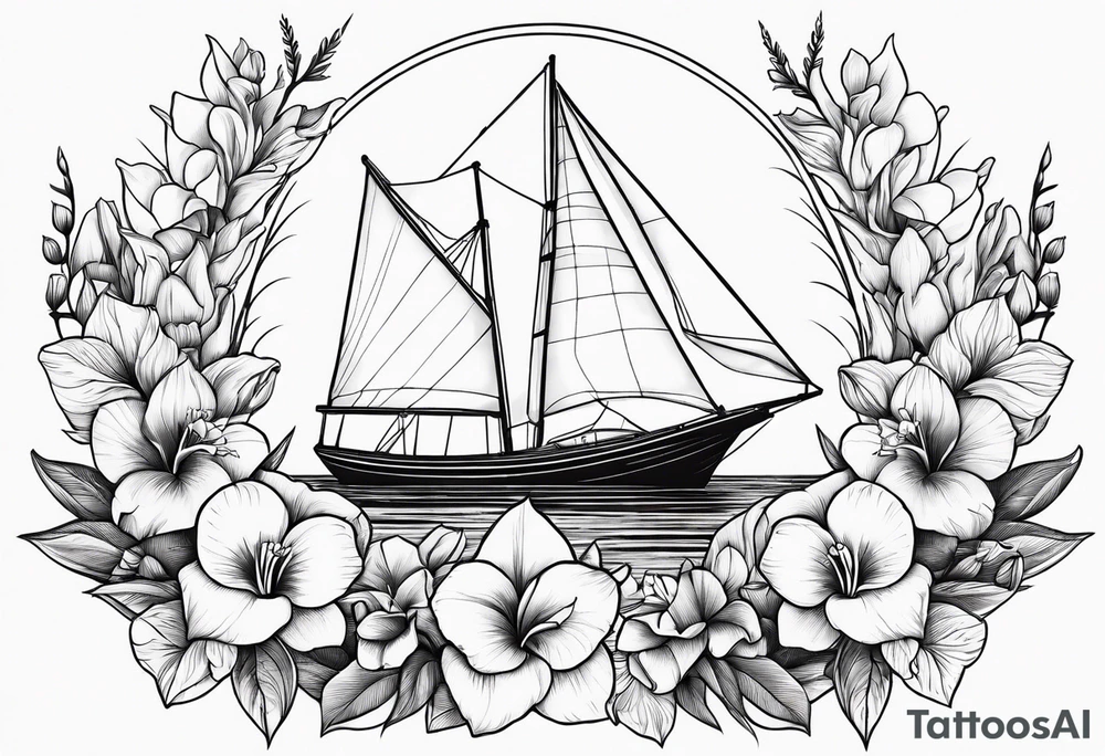 sailboat with Snapdragon gladiolus flowers tattoo idea